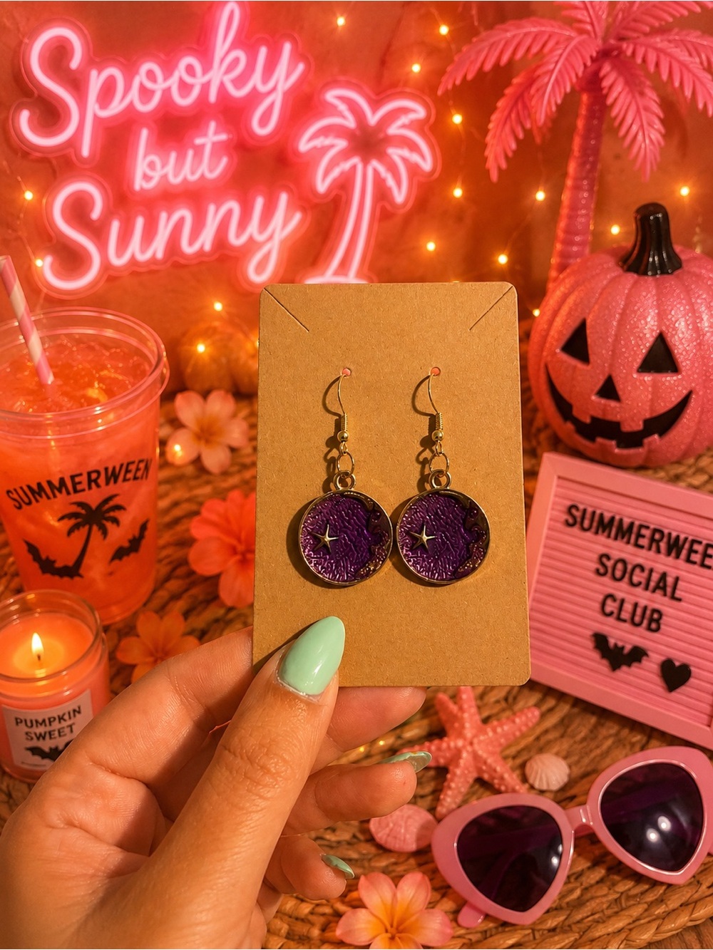 Summerween Purple Star and Moon Dangle Earrings